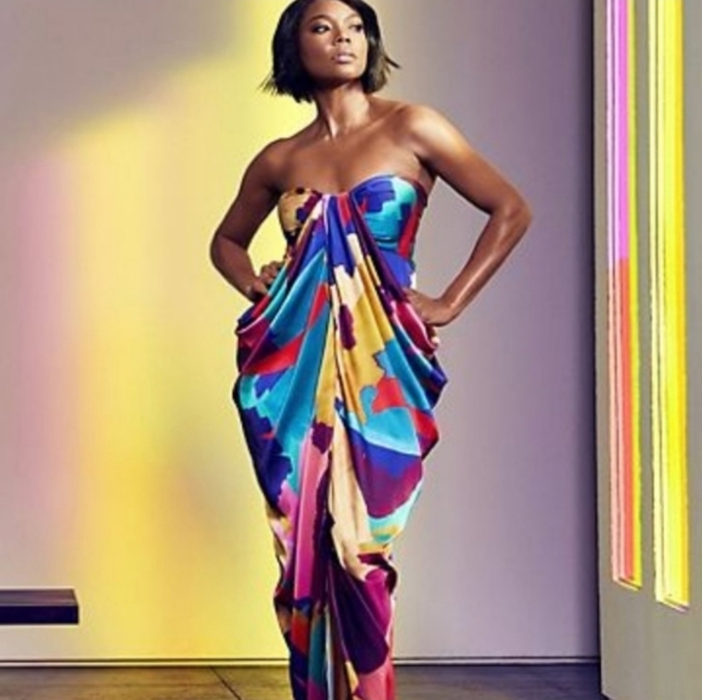 Gabrielle UNION Colorful Strapless Maxi Dress Sz M - Picture 4 of 5